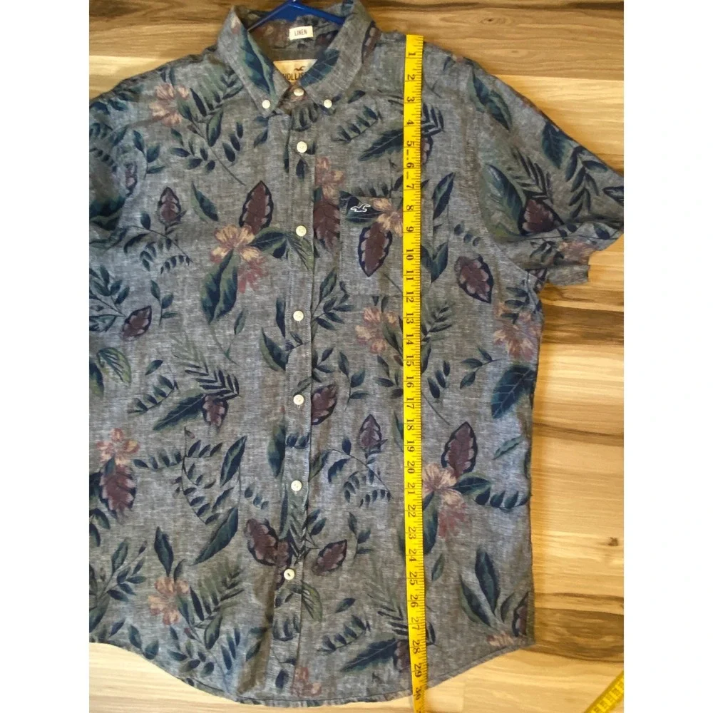 Hollister Mens Blue Tropical Floral Linen Blend Short Sleeve Button Down Shirt L